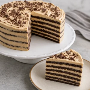 Chilled icebox cake sliced to show softened chocolate and peanut butter layers