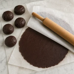 Chocolate wafer dough rolled thin between parchment sheets