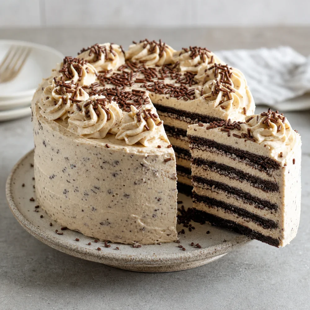 Sliced chocolate peanut butter icebox cake on a cake stand