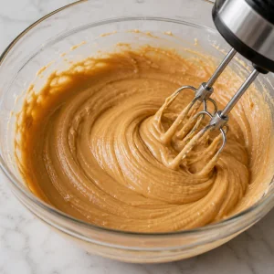 Smooth peanut butter mixture beaten in a bowl
