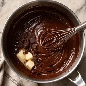 Pudding au chocolat brillant avec chocolat et beurre fondants