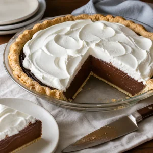 Tarte au pudding au chocolat coupée avec crème fouettée