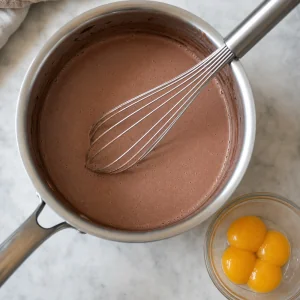 Mélange lisse de lait et cacao dans une casserole