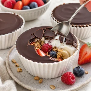 Crisp chocolate shell cracked over yogurt fruit and granola
