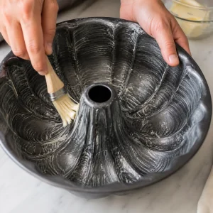 Bundt pan being brushed with butter in every ridge