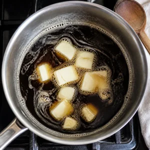 Butter melting in dark stout inside a saucepan