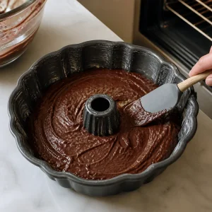 Chocolate batter smoothed inside a prepared Bundt pan