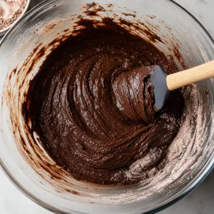 Chocolate cake batter being folded with a spatula