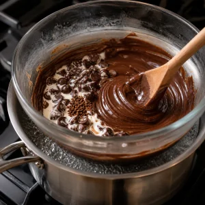 Chocolate, cream, and coffee melting into ganache over simmering water