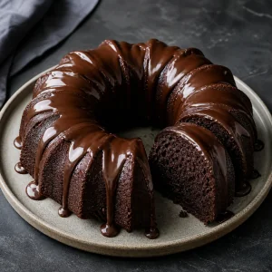 Chocolate stout Bundt cake with glossy ganache and a cut slice