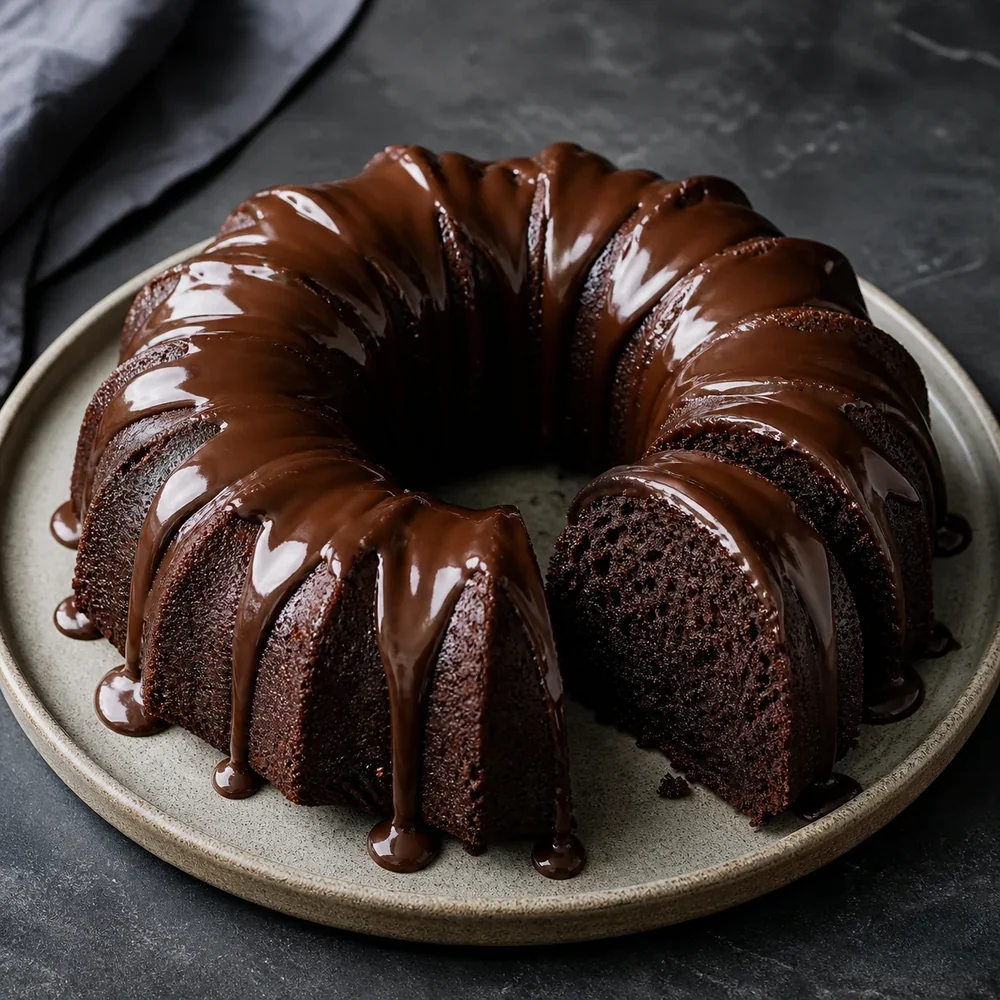 Chocolate stout Bundt cake with glossy ganache and a cut slice