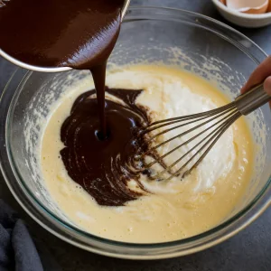 Chocolate stout mixture being poured into eggs and sour cream