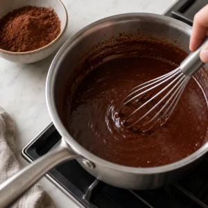 Cocoa being whisked into the warm stout mixture