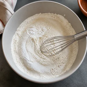 Dry cake ingredients being whisked together in a bowl