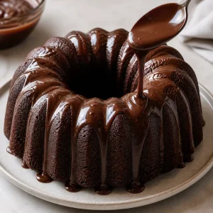 Warm chocolate ganache being drizzled over the cooled Bundt cake