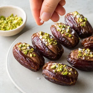 Tamaras Medjool recheadas com chocolate cobertas com pistaches picados e flor de sal.