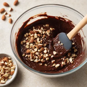 Amendoas torradas picadas misturadas a uma ganache brilhante de chocolate amargo para um recheio com textura.