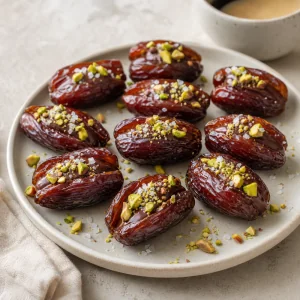 Tamaras Medjool recheadas com chocolate, pistaches e sal marinho arrumadas em um prato de servir.