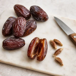 Tamaras Medjool abertas no sentido do comprimento e sem caroco sobre uma tabua para rechear com chocolate.