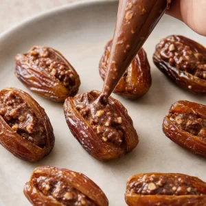 Tamaras Medjool sem caroco recheadas com ganache de chocolate e amendoas usando um saco de confeitar.