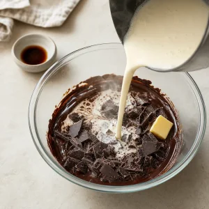 Creme de leite quente sendo despejado sobre chocolate amargo picado em uma tigela de vidro para fazer ganache.