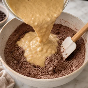 Miscela di banana e tahini versata sugli ingredienti secchi al cioccolato.