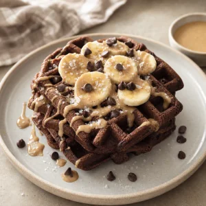 Chocolate banana waffles with tahini drizzle, banana slices, chocolate chips, and flaky sea salt.