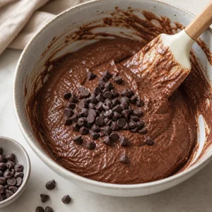 Gocce di cioccolato incorporate in una pastella densa con una spatola.