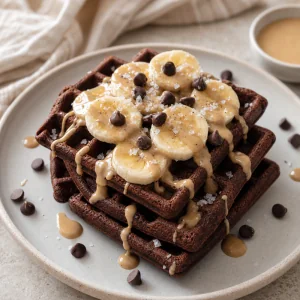 Waffle al cioccolato con banana, tahini, gocce di cioccolato e sale marino.