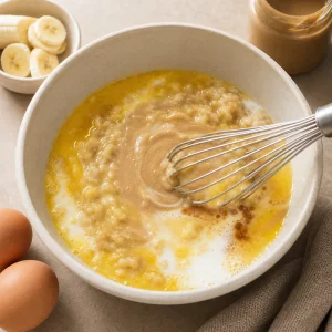 Banane schiacciate mescolate con tahini, uova, latte, burro e vaniglia.