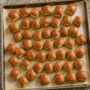 Golden baked pretzel bites on a parchment-lined sheet pan