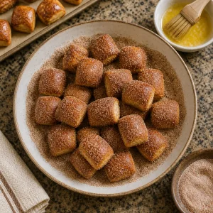 Pretzel bites coated in cinnamon sugar with melted butter nearby