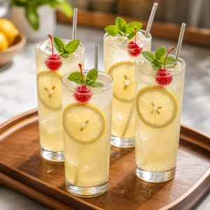 Fertige Citrus-Collins-Mocktails mit Zitrone, Kirsche und Minze