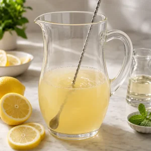 Zitronensaft und Zuckersirup in einem klaren Krug verruehrt