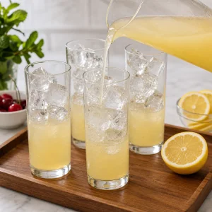 Zitronen-Sirup-Mischung in Collins-Glaeser mit Eis gegossen