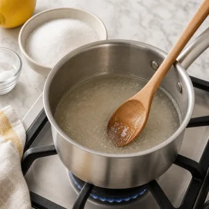 Zuckersirup koechelt in einem kleinen Topf