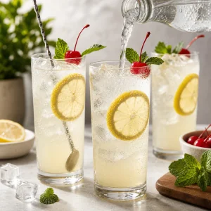 Sprudelwasser wird in Zitronen-Collins-Mocktails gegossen