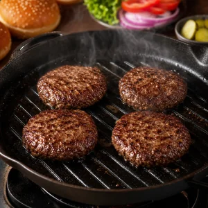 Beef burger patties searing in a hot grill pan
