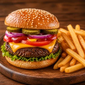 Finished classic cheeseburger served with golden fries