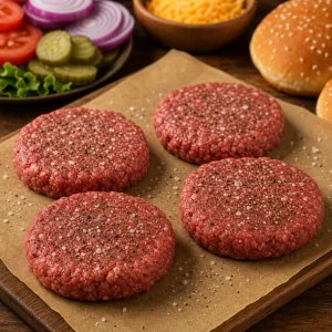 Seasoned raw beef patties on parchment with burger toppings nearby