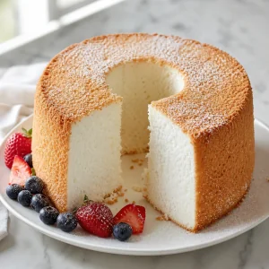 Finished angel food cake with a slice removed and fresh berries.
