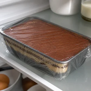 Covered chocotorta chilling in the refrigerator