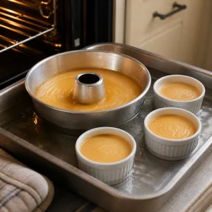 Crema de flan horneada y apenas cuajada en el baño María.