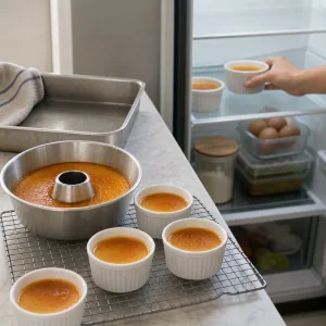 Moldes de flan horneados enfriándose antes de ir al refrigerador.