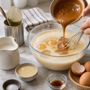 Ingredientes de crema batidos con un hilo de dulce de leche templado.
