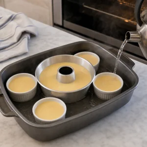 Molde de flan y ramequines llenos dentro de un baño María caliente.