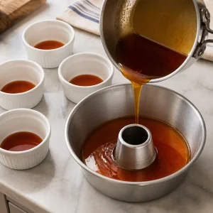 Caramelo caliente vertiéndose en un molde de flan y ramequines.