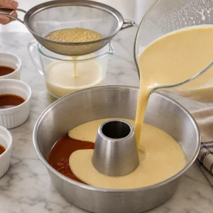 Crema colada vertiéndose sobre caramelo firme en un molde de flan.