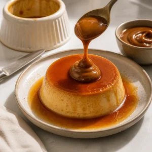 Flan de dulce de leche desmoldado con caramelo y un hilo tibio por encima.