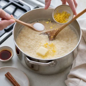 Butter, lemon zest, sugar, and vanilla stirred into the warm rice pudding.